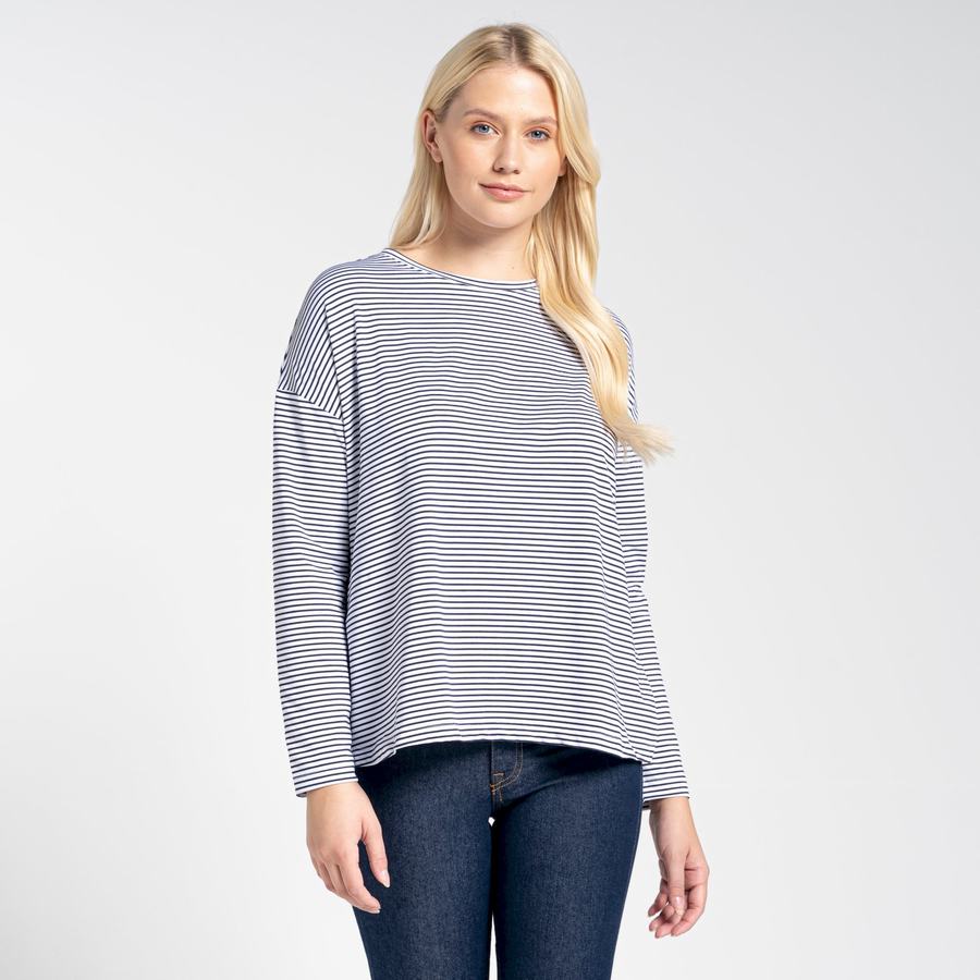 T Shirts Craghoppers NosiLife Cora Long Sleeved Femme Bleu Bleu Marine Stripes | TYD8796TH